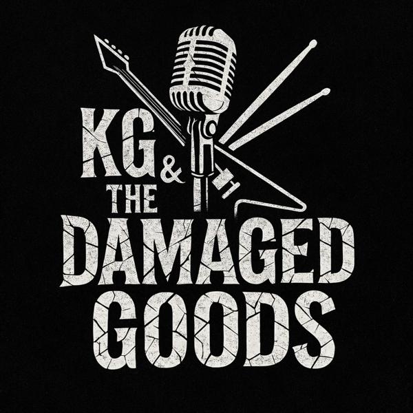 KG & The Damaged Goods band logo &mdash; a vintage microphone crossed with a guitar neck and drumsticks in distressed white lettering.