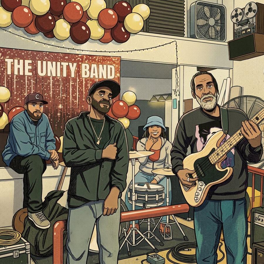 Illustration of The Unity Band gathered around their gear beneath a balloon arch and a banner reading The Unity Band, with a bassist, a drummer and two bandmates.